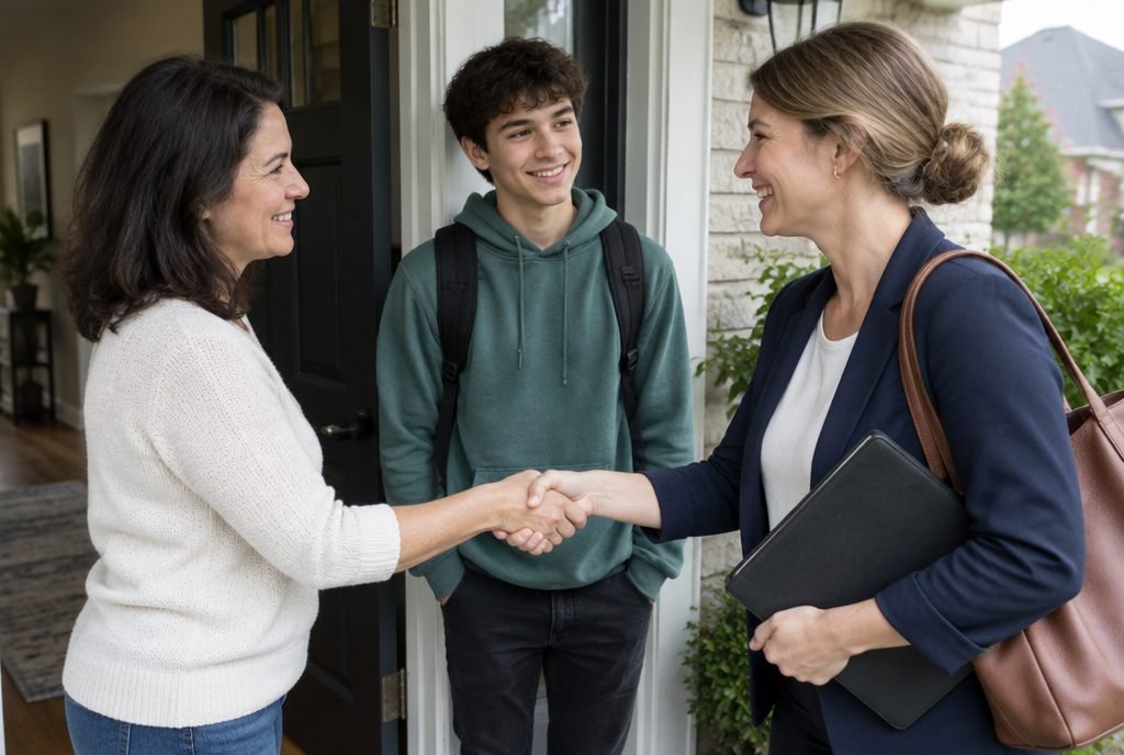 Parent qui accueille un tuteur pour l'accompagnement scolaire de son adolescent