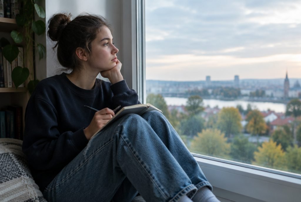 Adolescent pensif à la fenêtre qui réfléchit à son avenir