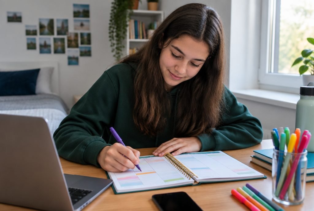 Adolescent qui organise seul son planning de la semaine