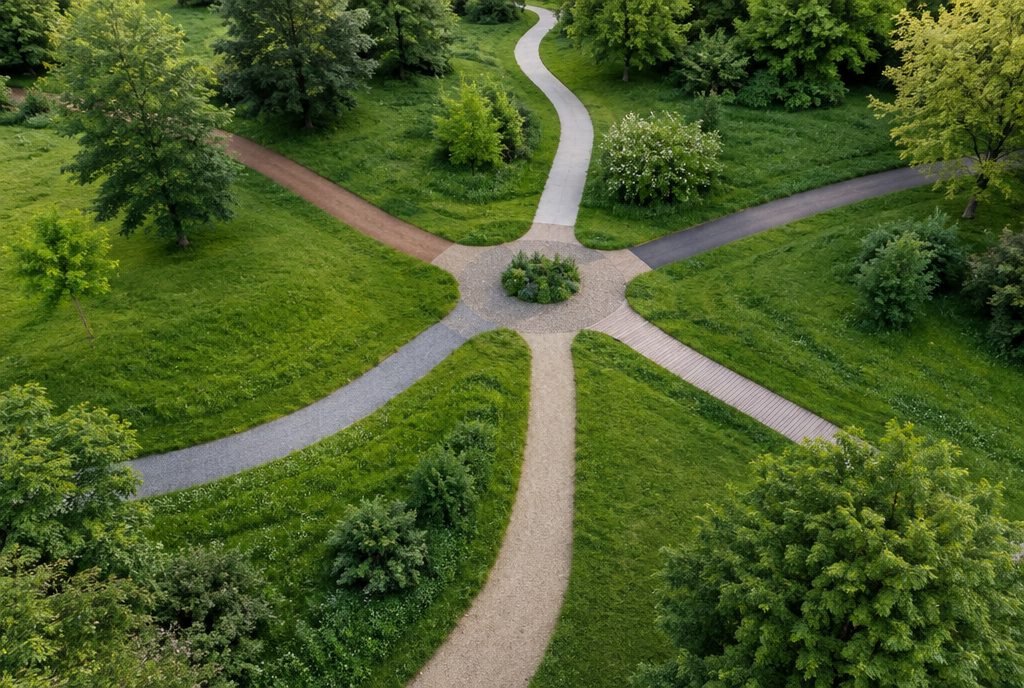 Plusieurs chemins qui convergent dans un parc, parcours adapté à chaque enfant