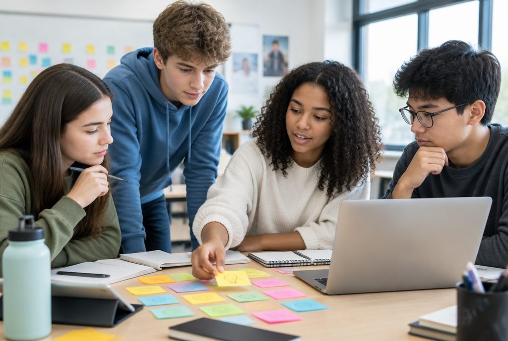Adolescents qui collaborent sur un projet créatif avec des post-it