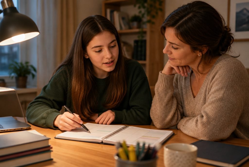 Lycéen et parent qui organisent ensemble le planning des devoirs