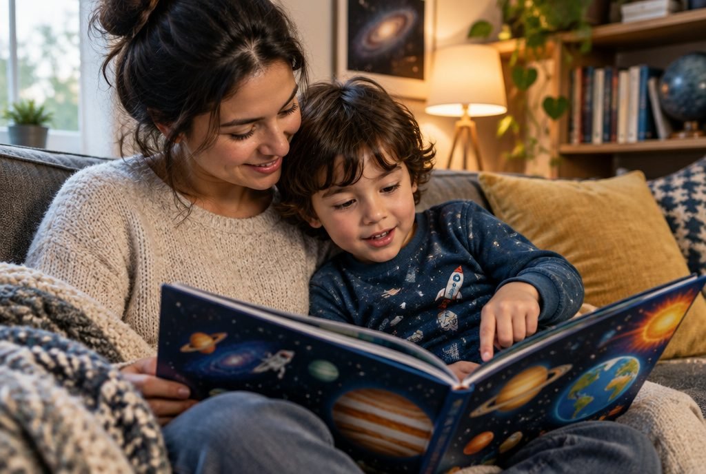Parent et enfant qui lisent ensemble un livre illustré sur l'espace
