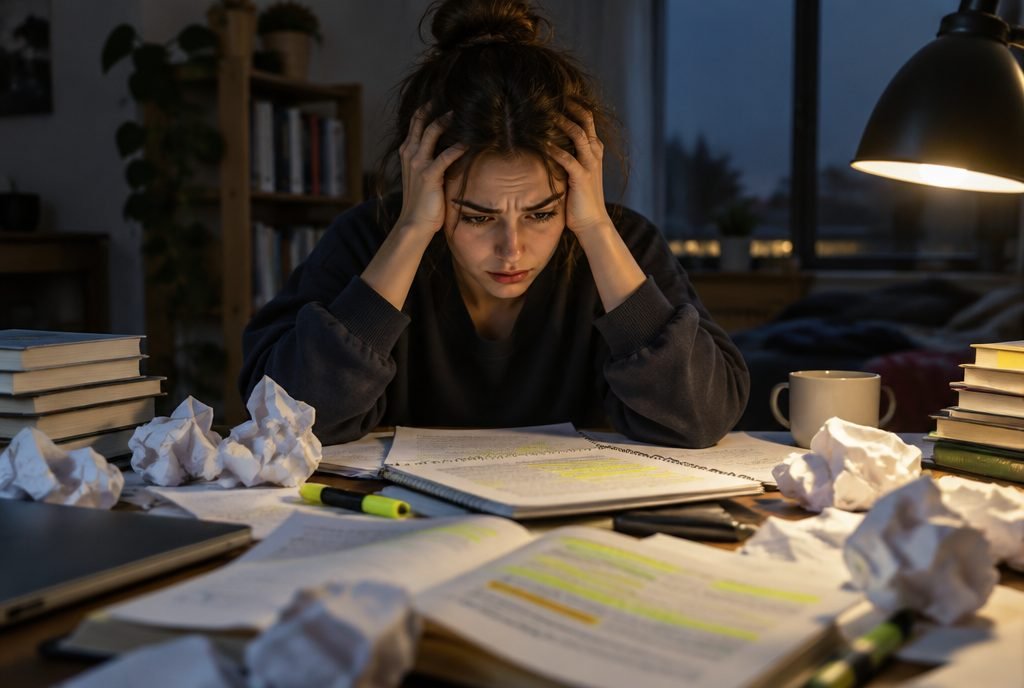 Élève découragé entouré de feuilles froissées, mauvaises méthodes de travail