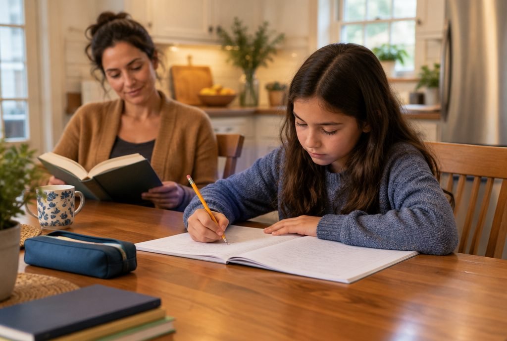 Parent en retrait qui lit pendant que son enfant fait ses devoirs seul