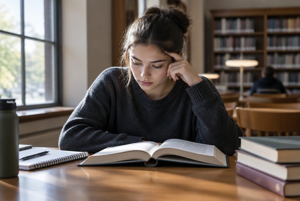 Élève concentré sur un livre dans une bibliothèque calme