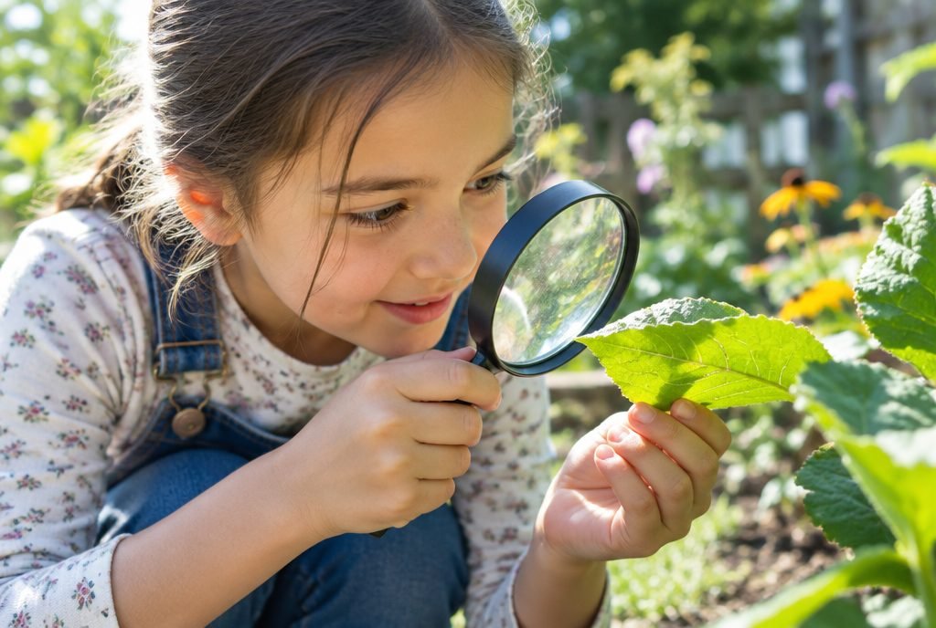 Enfant curieux qui observe une feuille à la loupe