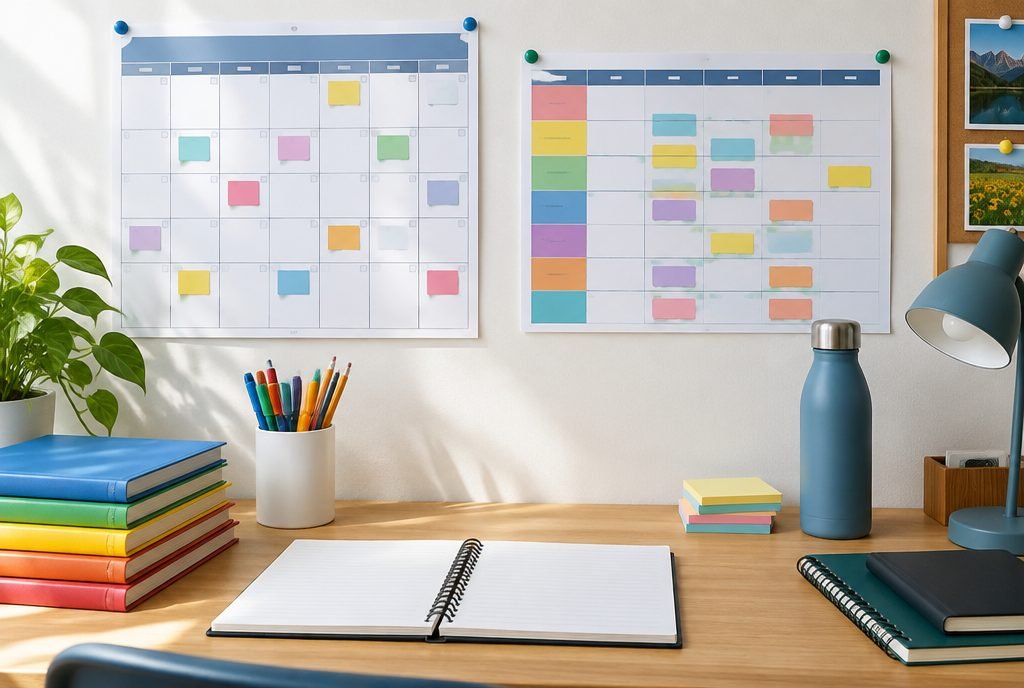 Planning hebdomadaire des devoirs affiché au-dessus d'un bureau