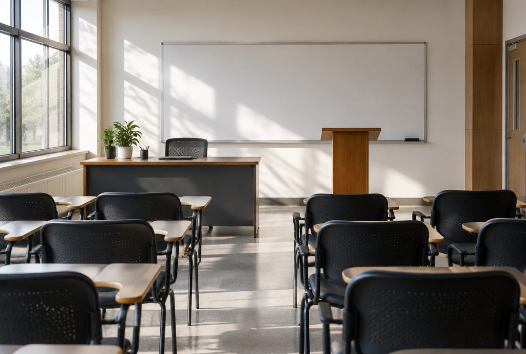 Estrade et chaises d'une salle de classe, peur de parler devant les autres