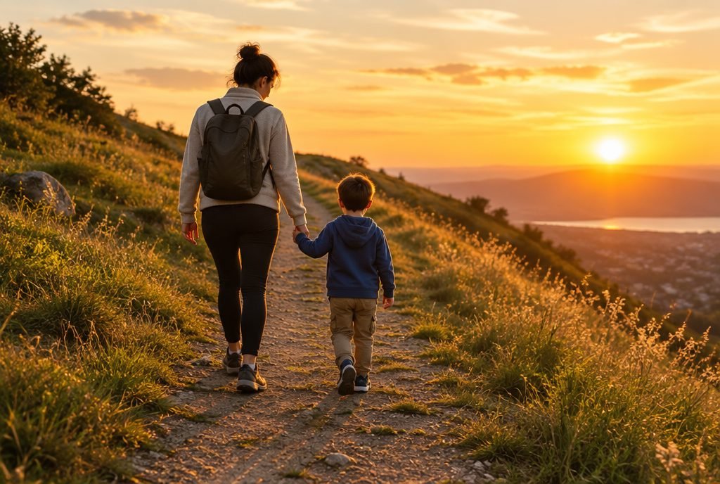 Parent et enfant qui marchent main dans la main au coucher du soleil