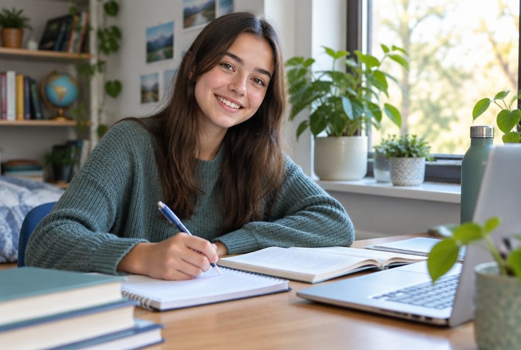 Adolescent souriant qui fait ses devoirs dans une ambiance sereine