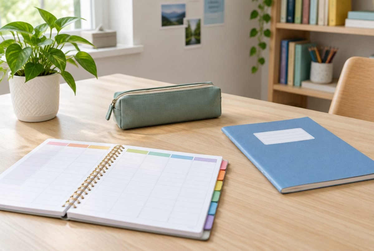 Planning de la semaine et cahiers sur une table de travail, tutorat scolaire