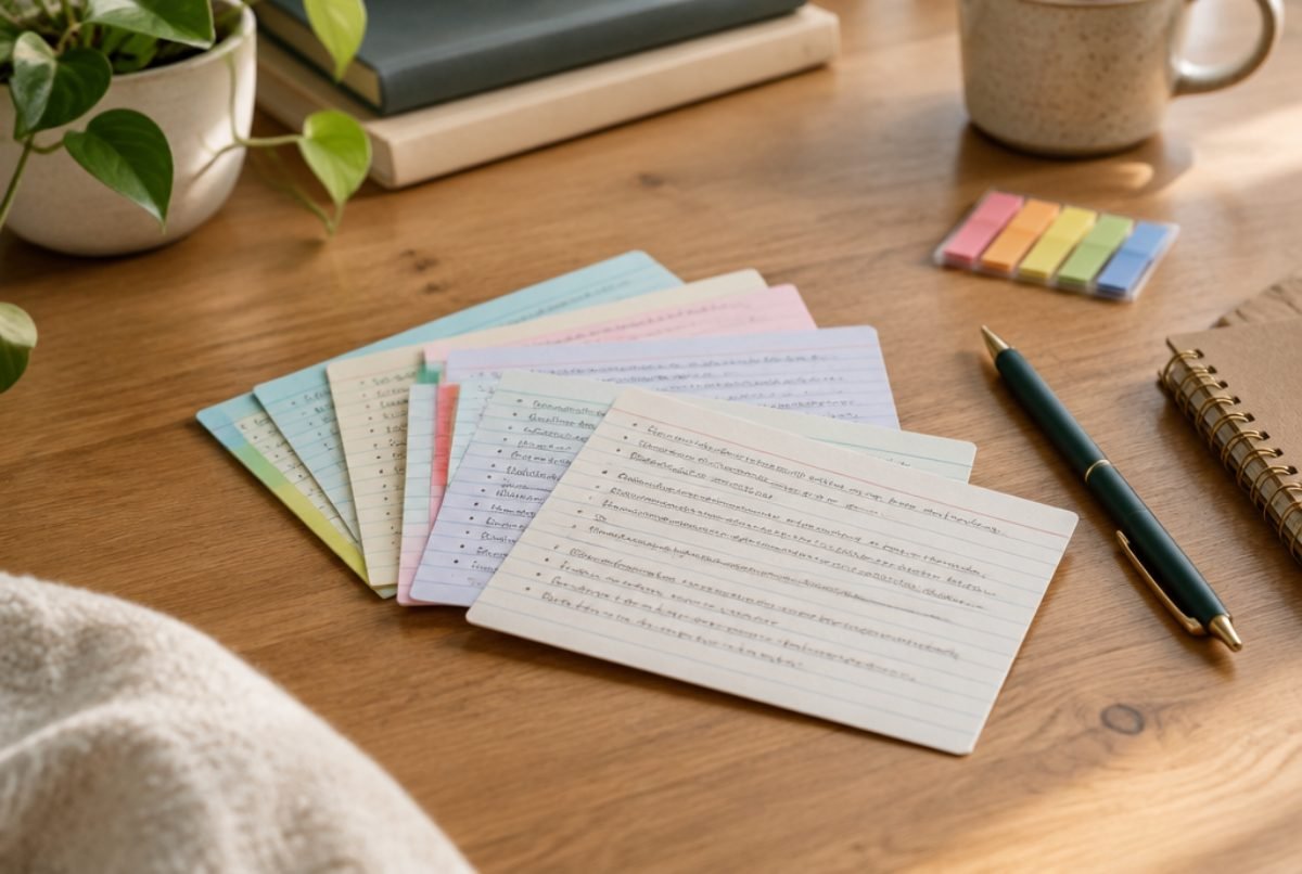 Fiches de révision manuscrites étalées sur un bureau avec un stylo et des marque-pages colorés