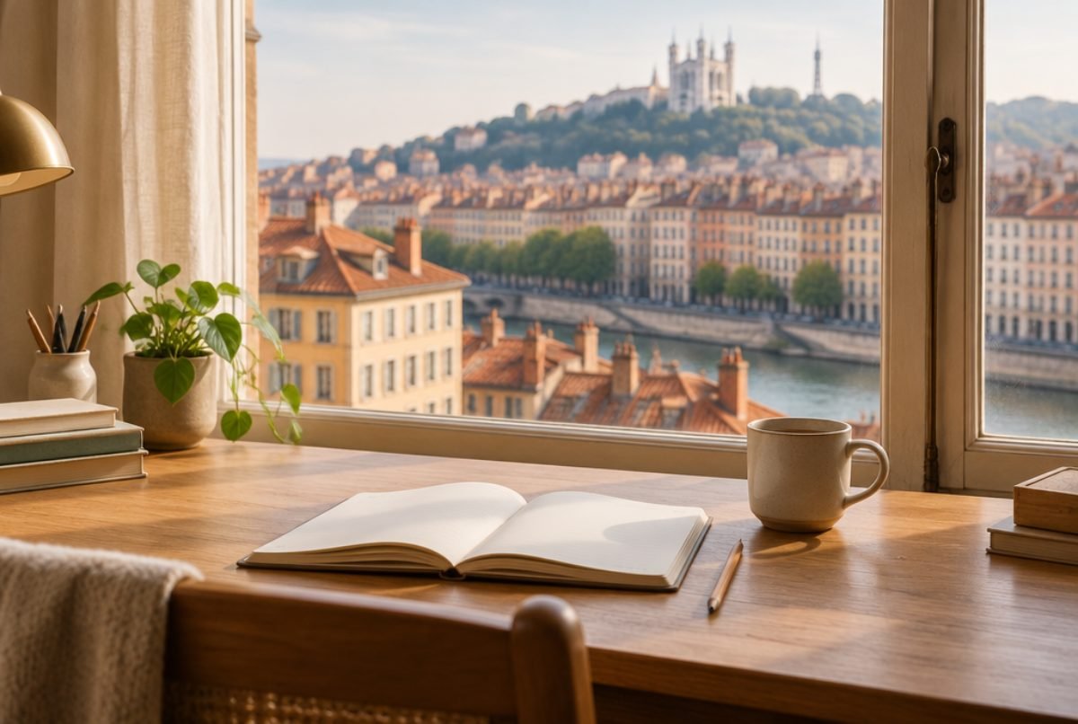 Bureau de travail près d'une fenêtre donnant sur les toits d'une ville française, avec un cahier ouvert