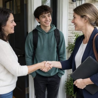 Parent qui accueille un tuteur pour l'accompagnement scolaire de son adolescent