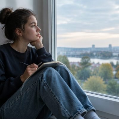 Adolescent pensif à la fenêtre qui réfléchit à son avenir