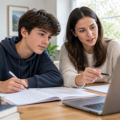 Tuteur et élève qui travaillent ensemble entre ordinateur et exercices papier