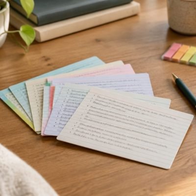 Fiches de révision manuscrites étalées sur un bureau avec un stylo et des marque-pages colorés