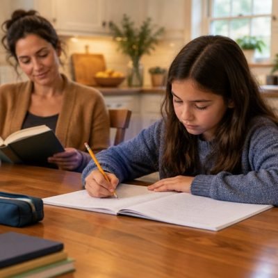 Parent en retrait qui lit pendant que son enfant fait ses devoirs seul
