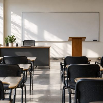 Estrade et chaises d'une salle de classe, peur de parler devant les autres
