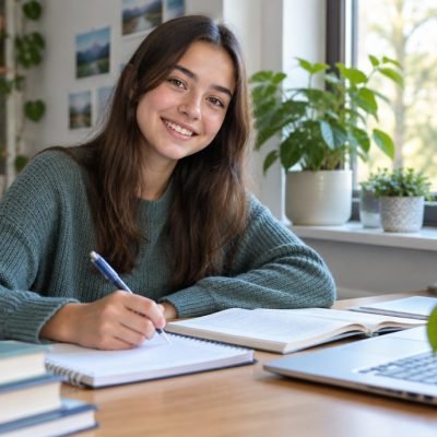Adolescent souriant qui fait ses devoirs dans une ambiance sereine