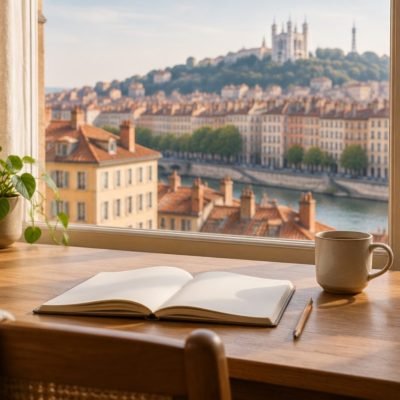 Bureau de travail près d'une fenêtre donnant sur les toits d'une ville française, avec un cahier ouvert