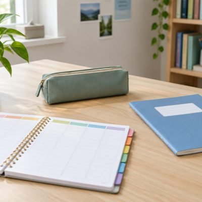 Planning de la semaine et cahiers sur une table de travail, tutorat scolaire